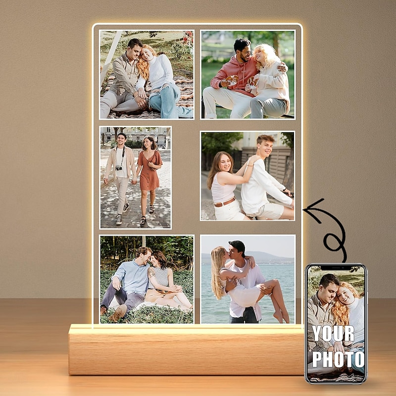 Personalized Ligt Up Photo Frame Custom Valentines Acrylic Night Light USB Powered for Valentine's Day Anniversary Gifts for Lovers Birthday Boyfriends Girlfriends and Family