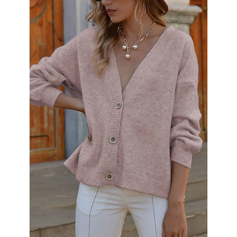 Women's Sweater Cardigan Elegant Fashion Streetwear Pure Color V Neck Buttons Knitted Long Sleeve Regular Tops Knit Outdoor Daily Holiday Yellow Pink Fall Winter
