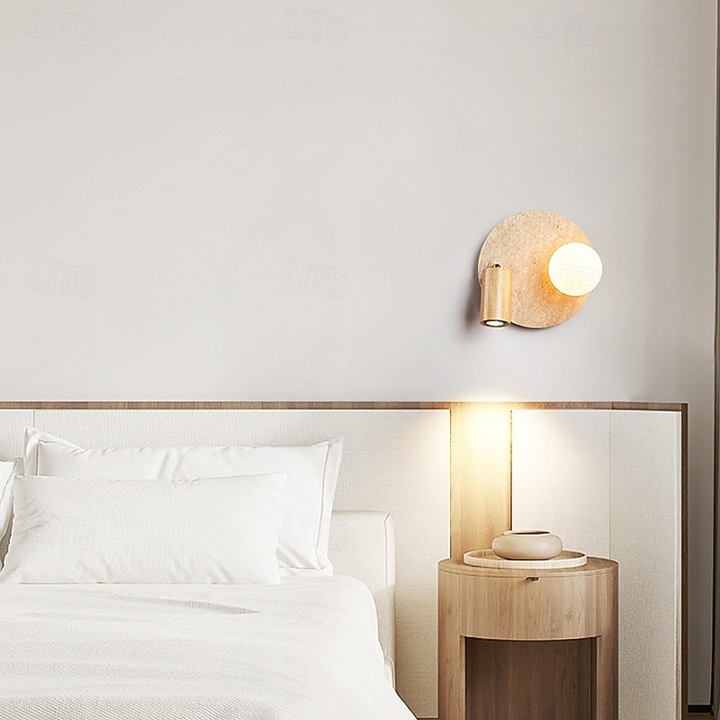 Modern Yellow Travertine Wall Sconce Rotatable Wood Wall Lamp with Milk White Glass Shade Wabi Sabi Round Indoor Wall Sconces Adjustable Bedside Reading Light for Bedroom 110-240V 10W3