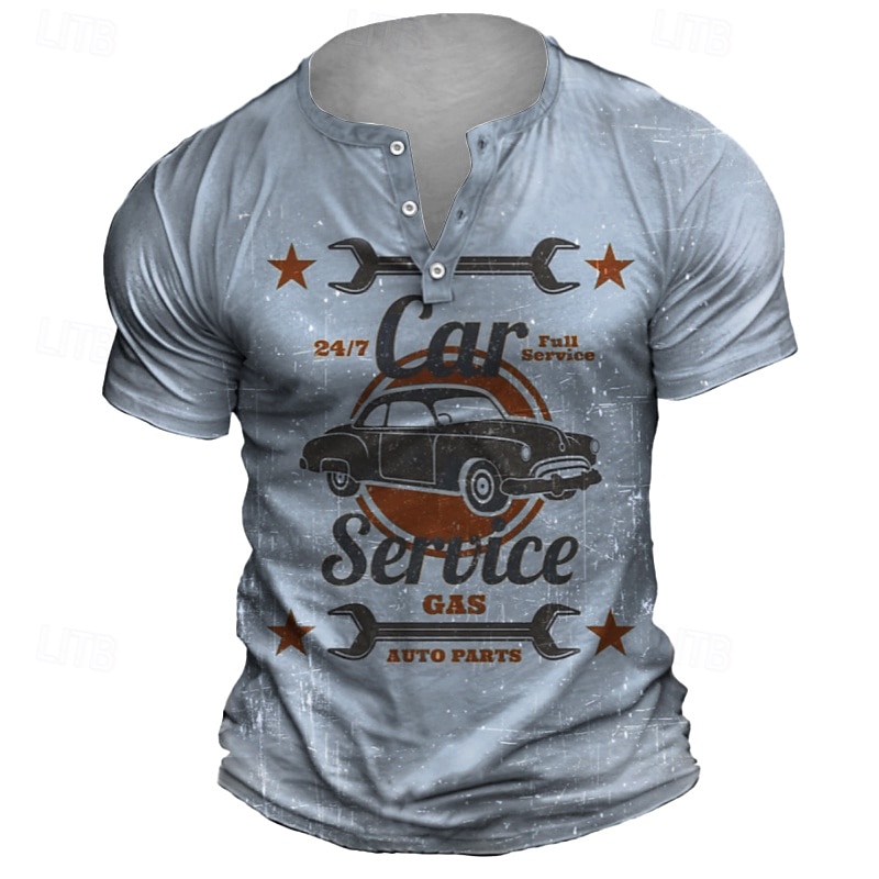 Men's Graphic Car Service T shirt Henley Shirt Short Sleeve Retro Vintage Street Casual Daily Summer Spring Light Blue Khaki Gray Henley Henley T-Shirt4