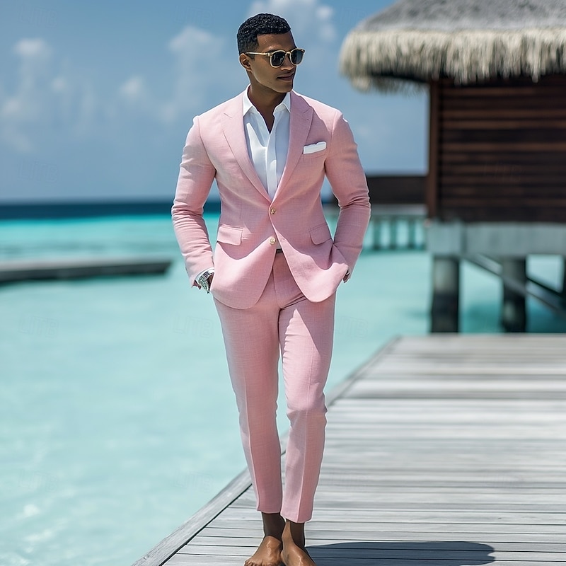Men's Beach Wedding Linen Suits Peaked Lapel Pink Solid Colored Standard Fit 2 Piece Single Breasted Two-buttons2