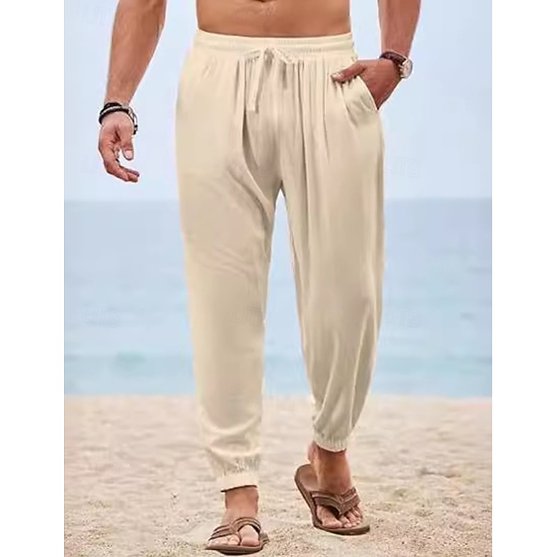 Men's Joggers Linen Pants Trousers Summer Pants Beach Pants Drawstring Elastic Waist Plain Comfort Breathable Full Length Outdoor Daily Holiday Vacation Fashion Black White