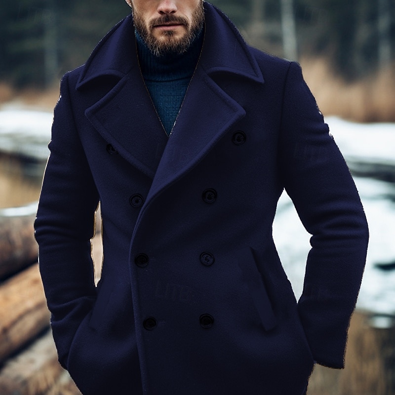Men's Winter Coat Peacoat Trench Coat Outdoor Daily Wear Fall & Winter Polyester Thermal Warm Windbreaker Outerwear Clothing Apparel Fashion Streetwear Plain Lapel Double Breasted3