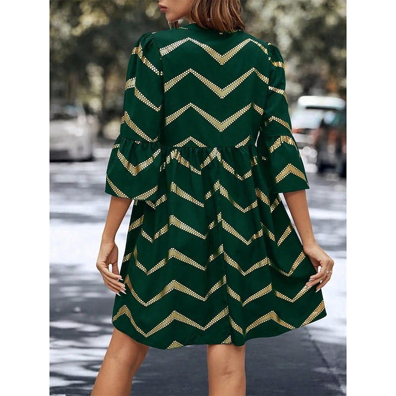 Women's Geometric Notched Neck Mini Dress 3/4 Length Sleeve Summer Spring2