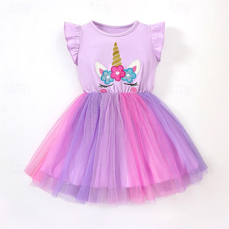 Kids Girls' Dress Unicorn Sleeveless Outdoor Casual Ruffle Patchwork Fashion Adorable Polyester Above Knee Casual Dress A Line Dress Tulle Dress Summer Spring 4 years+ Pink Blue Purple3