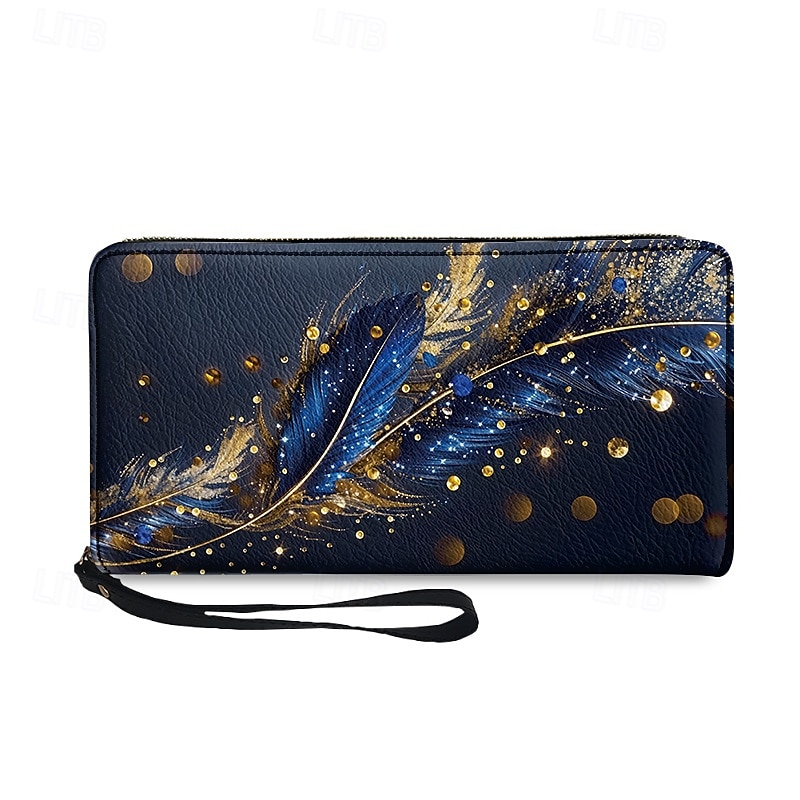 Women's Large Capacity Wallet with Gilded Feather Print, Zipper Closure, Wristlet and Multiple Card Slots - Stylish and Practical for Daily Use, Travel and Gift Giving Red Blue Green4
