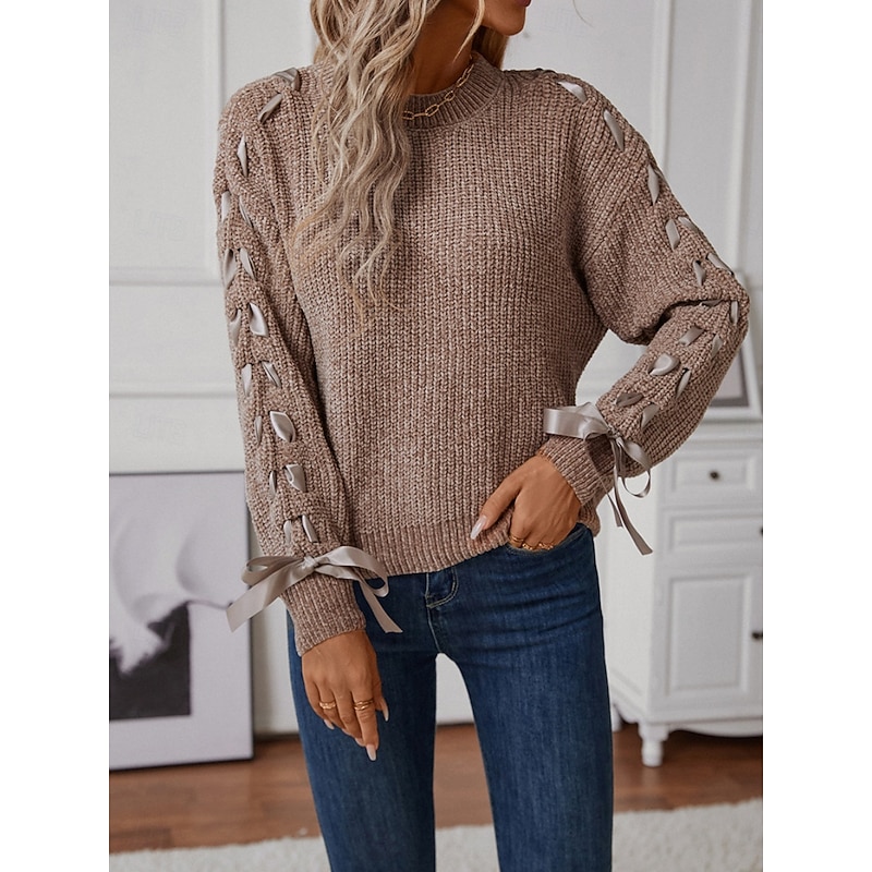 Women's Sweater Casual Soft Pure Color Ribbed Crew Neck Patchwork Knitted Long Sleeve Regular Tops Knit Outdoor Daily Weekend Pink Khaki Fall Winter3