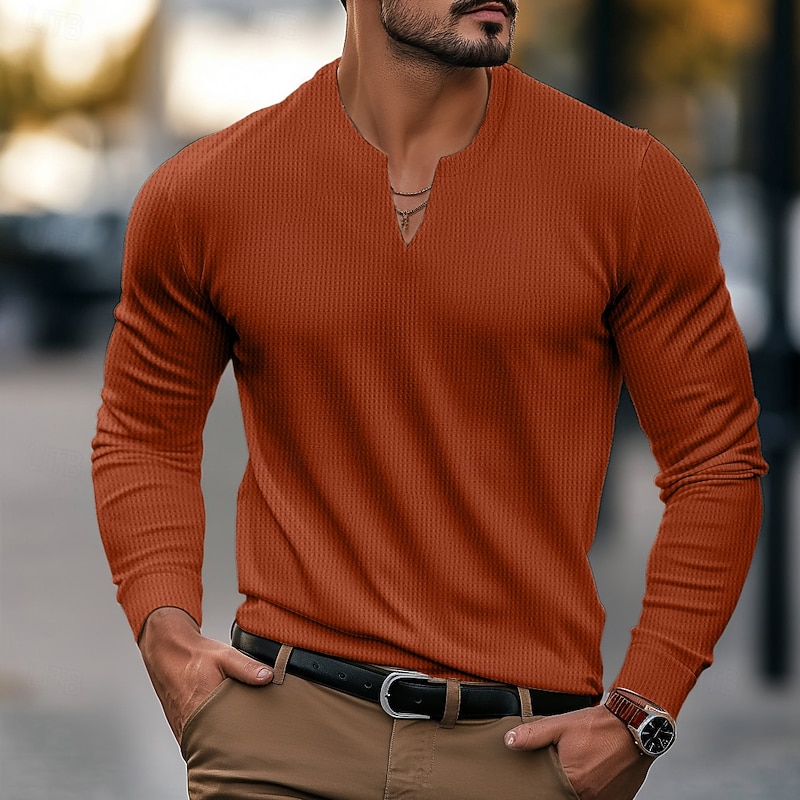 Men's Waffle Shirt T Shirt Tee Top Long Sleeve Shirt Long Sleeve V Neck Spring &  Fall Plain Fashion Designer Basic Classic Style Vacation Street Going out Black White Orange Top Tee for Men