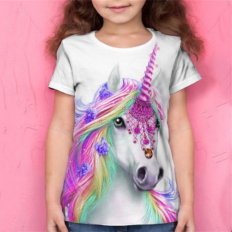 Girls' 3D Animal Unicorn T shirt Short Sleeve 3D Print Summer Spring Active Fashion Cute Kids 3-12 Years Outdoor Daily Regular Fit4