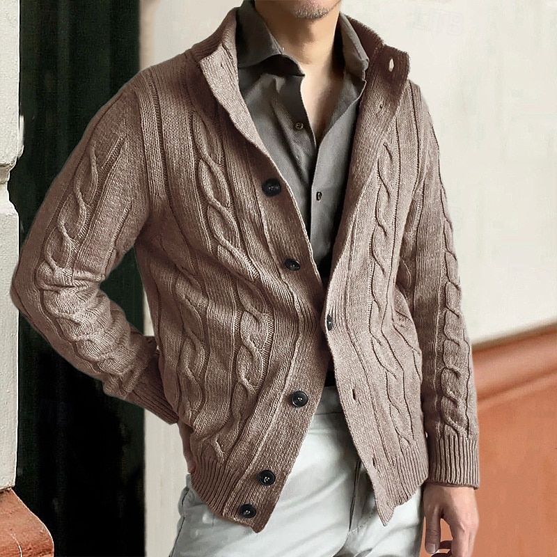 Men's Cardigan Sweater Cardigan Cropped  Sweater Cable Knit Regular Buttons Solid Color Stand Collar Fashion Classic Vacation Daily Wear Clothing Apparel Fall & Winter Black khaki M L XL