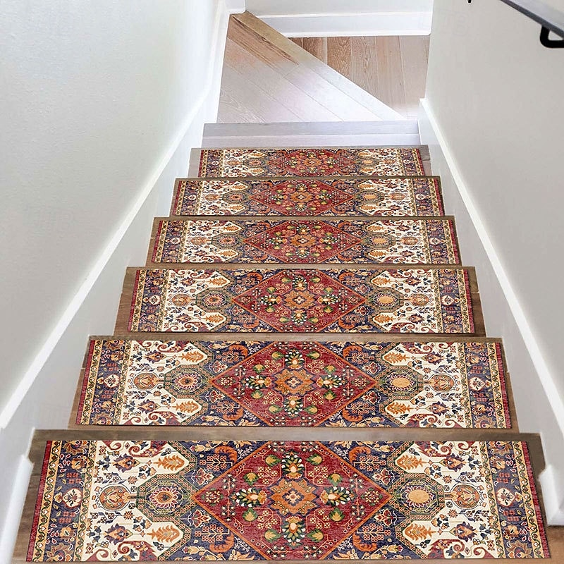 Step Tread Carpet Boho Style Non-Slip Carpet Stair Treads for Kids Elders and Pets Ethnic Design Stair Tread Mats W20*L76cm3