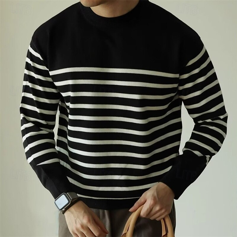 Men's Pullover Sweater Jumper Knit Sweater Ribbed Knit Regular Tops Knitted Stripe Crew Neck Fashion Basic Vacation Daily Wear Clothing Apparel Fall & Winter Black M L XL