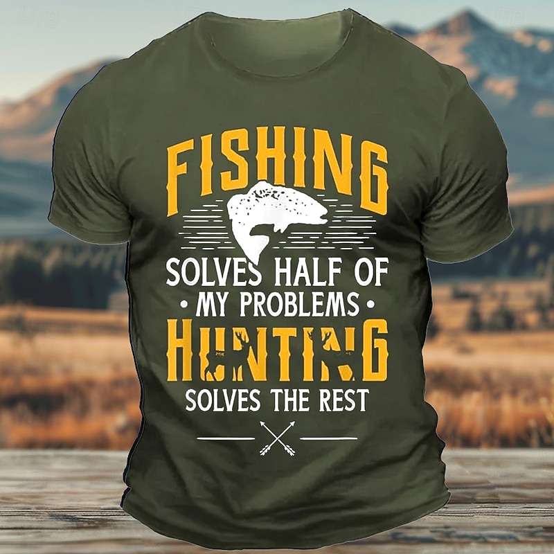 Men's Fishing Hunting Lifestyle T-Shirt Graphic Tee 'Fishing Solves Half My Problems, Hunting Solves The Rest'