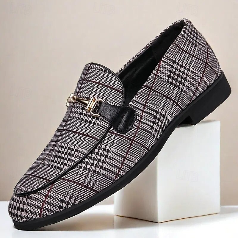 Men's Plaid Fabric Loafers with Metal Buckle – Stylish Slip-On Shoes for Business, Weddings, and Smart-Casual Outfits