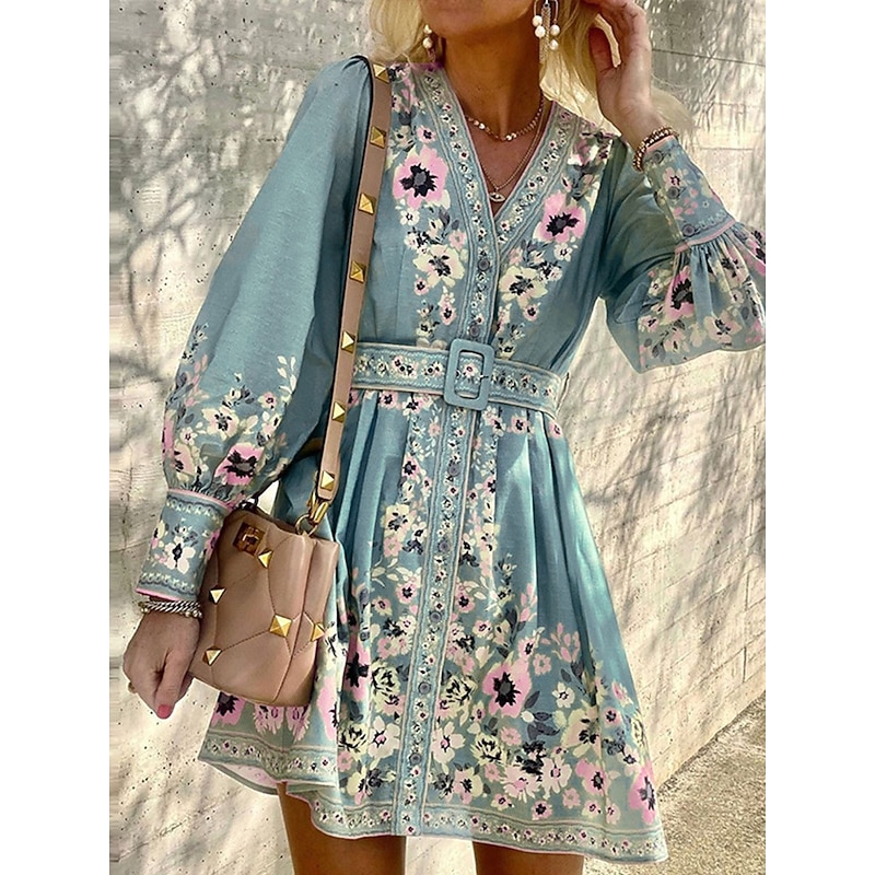 Women's Mini Dress Petite Dress Casual Dress Boho Chic Dresses Boho Dress Elegant Bohemia Cute Vacation Daily Beach Loose Fit Graphic Long Sleeve V Neck Light Green Sky Blue Purple Spring Fall3