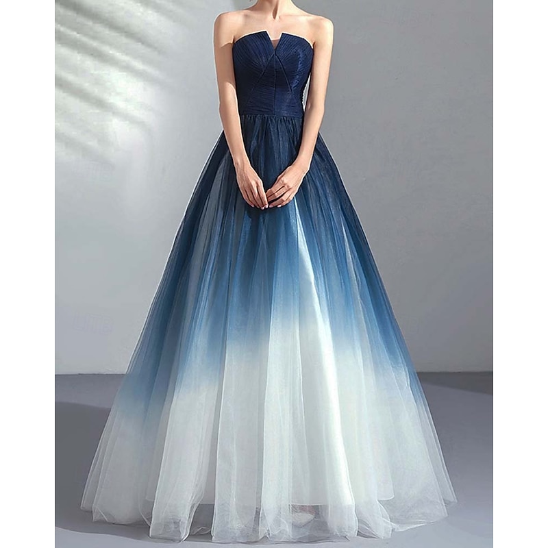 Ombre A-Line Prom Dresses Evening Dress Pleated Formal Masquerade Floor Length Sleeveless Strapless Tulle with