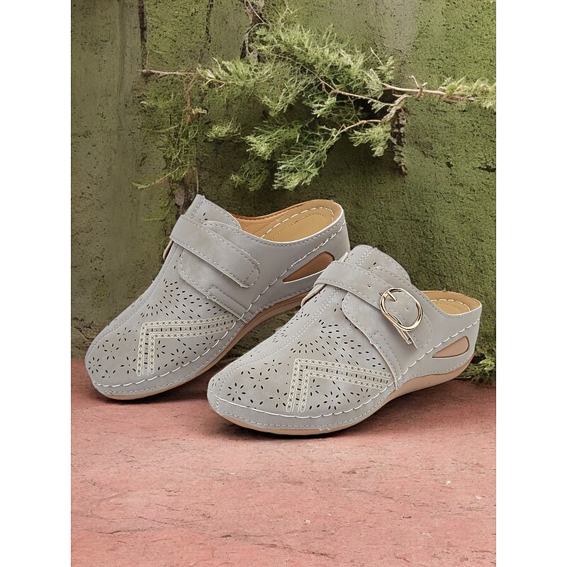Women's Perforated Gray Faux Leather Wedge Mules - Comfortable Footwear for Casual Wear2
