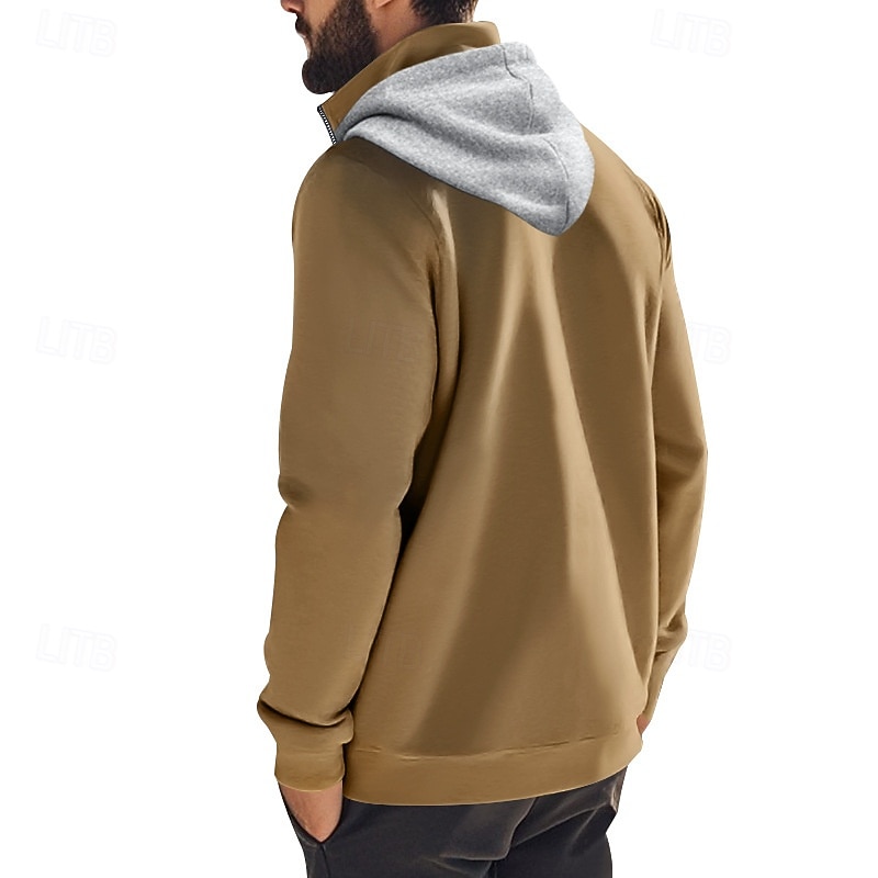 Men's Hoodie Quarter Zip Hoodie Fleece Hoodie Apricot Black White Wine Red Hooded Half Zip Plain Pocket Sports & Outdoor Daily Holiday Polyester Streetwear Basic Casual Fall & Winter Clothing Apparel3