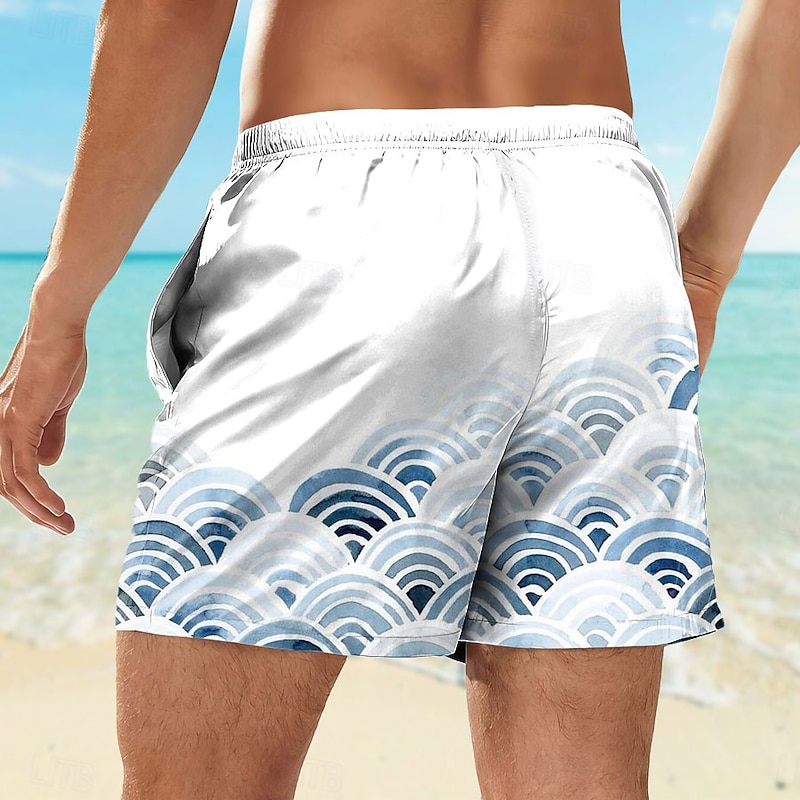Men's Geometric Pattern Waves Swim Shorts Board Shorts Swimming Trunks Mid Waist Tropical Streetwear Hawaiian Vacation Daily Holiday Drawstring Elastic Waist 3D Print Designer Clothing Apparel2