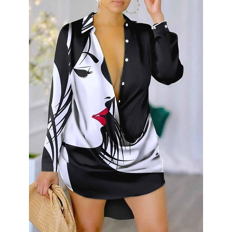 Women's Maxi Dress Shirt Dress Casual Dress Casual Daily Regular Fit Letter Long Sleeve V Neck Black White Blue Summer Spring Fall2