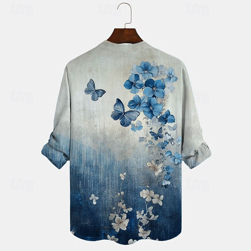 Men's Floral Butterfly Casual Shirt Button Up Shirt Aloha Shirt Long Sleeve Casual Resort Casual Summer Spring V Neck V Neck Blue2