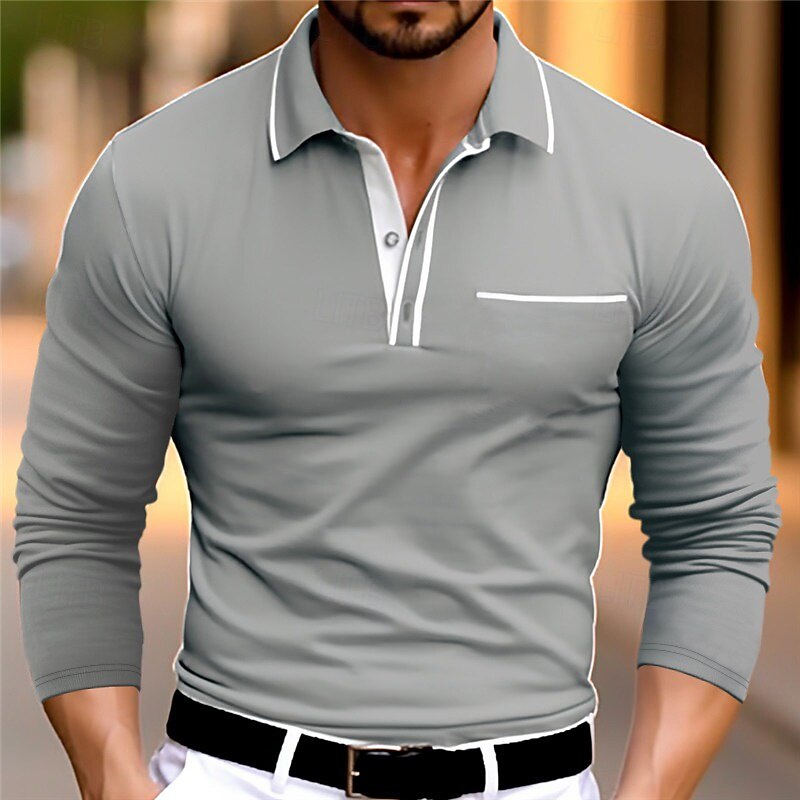 Men's Business Polo Golf Shirt Casual Sports Lapel Long Sleeve Fashion Basic Plain Buttons Spring &  Fall Regular Fit Wine Gray Business Polo - Main Image