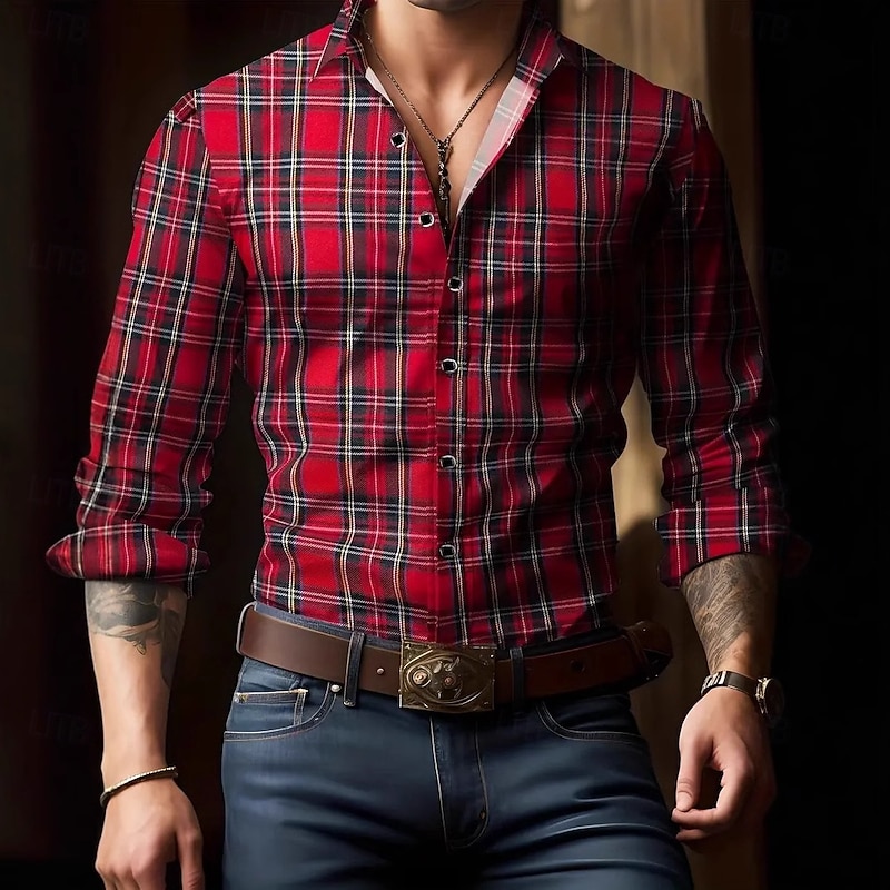 Men's Summer Shirt Casual Shirt Beach Shirt Button Up Shirt Checked Shirts Yellow Red Blue Green Gray Long Sleeve Plaid / Striped / Chevron / Round Lapel Vacation Hawaiian Button-Down Clothing Apparel