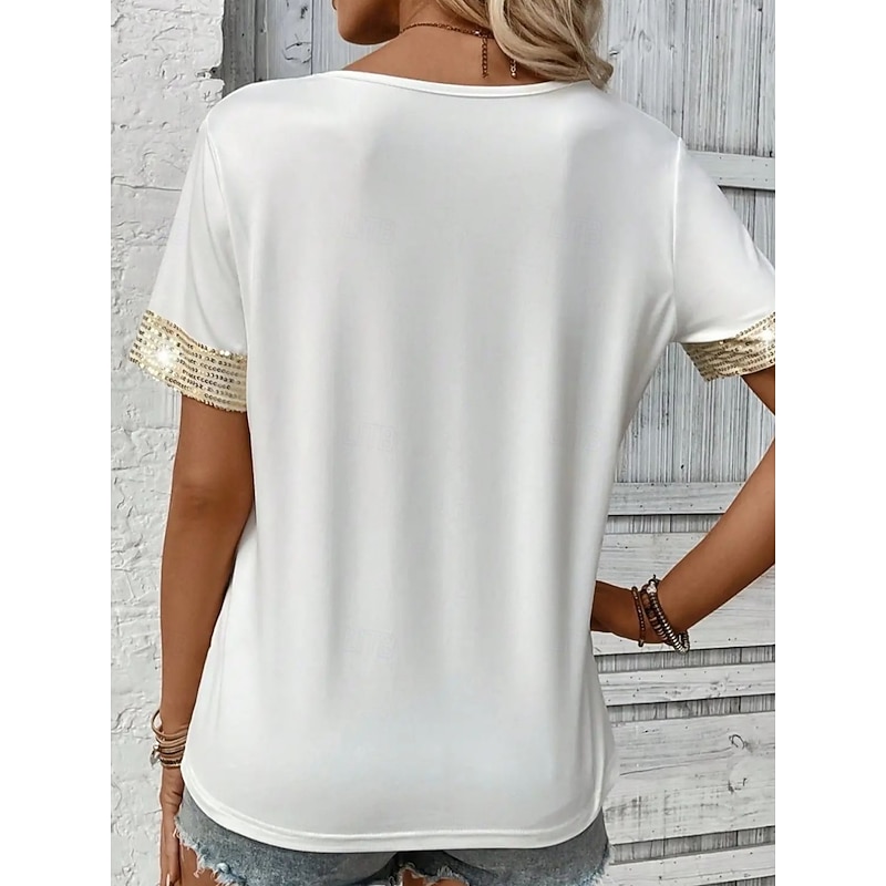 Women's Blouse Solid Color Basic Casual Short Sleeve V Neck Regular Tops Daily Sequins Patchwork Pocket Black White Summer Spring3