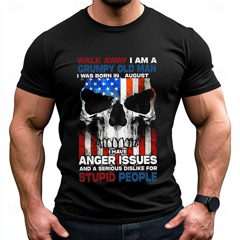 Men's American US Flag Birthday August T Shirt Tee Top 100% Cotton Short Sleeve Graphic Shirt Black Dark Grey Comfortable Tee Vacation Street Fashion Designer Clothing2