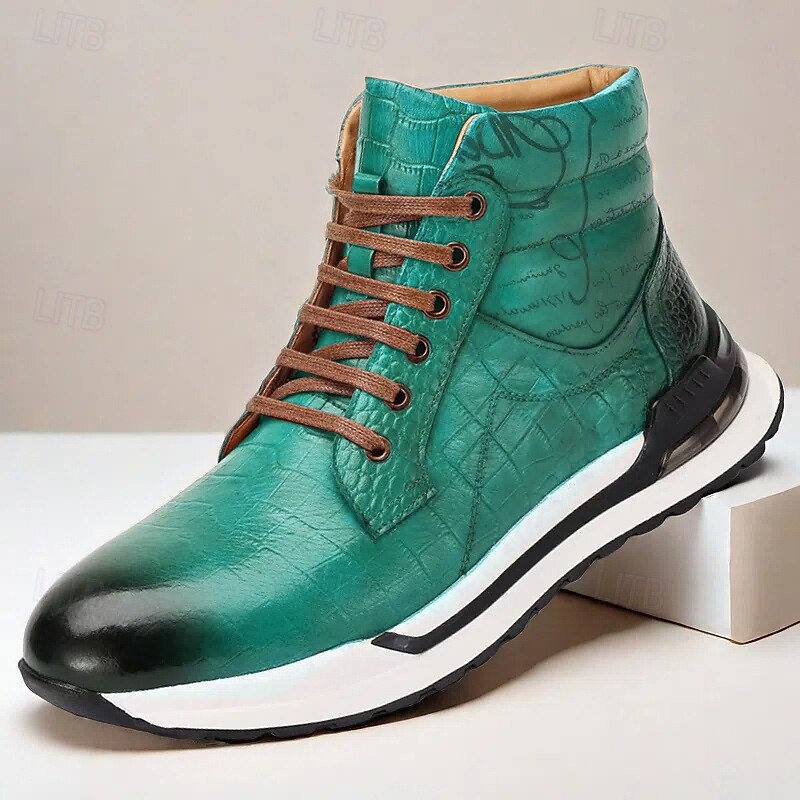 Men's Brown Leather Sneaker Boots with Crocodile Texture and Script Embossing – Premium Cowhide Casual High-Top Footwear with Sporty Sole