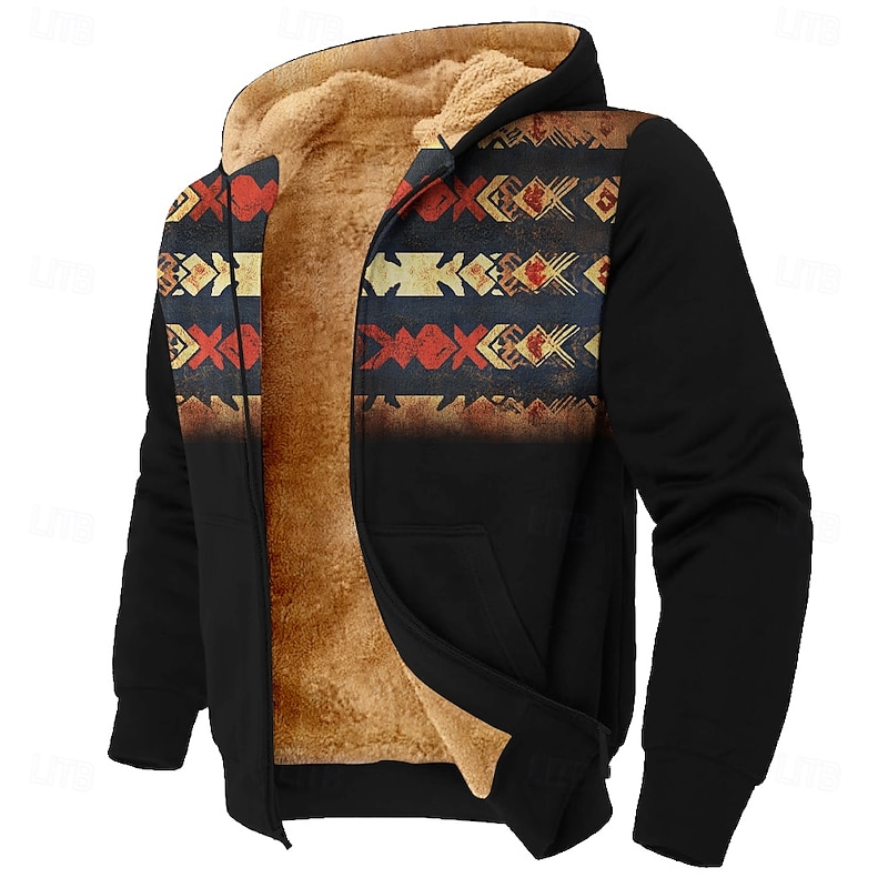 Men's Aztec Fleece Hoodie Simple Casual Long Sleeve Crew Neck Hunting Black Blue Zip Up Fall Winter Designer3