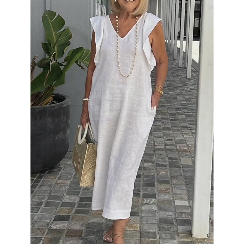 Women's Maxi Dress Linen-Inspired Dresses Casual Dress Tank Dress Stylish Basic Casual Vacation Daily Regular Fit Plain Sleeveless V Neck White Navy Blue Apricot Summer Spring - Main Image