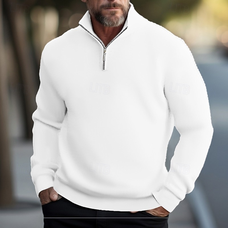 Men's Pullover Sweater Jumper Dress Sweater Knit Sweater Ribbed Knit Regular Knitted Plain Quarter Zip Keep Warm Modern Contemporary Daily Wear Going out Clothing Apparel Fall Winter Black White S M L3