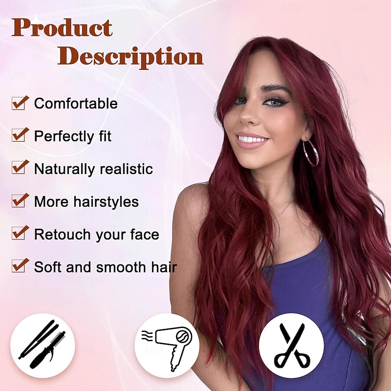Long Wine Red Wavy Wig for Women 26 Inch Middle Part Curly Wavy Wig Natural Looking Synthetic Heat Resistant Fiber Wig for Daily Party Use (Wine Red)2