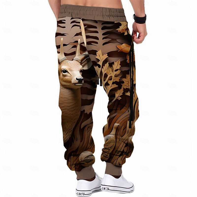 Men's Optical Illusion Hunting Deer Sweatpants Trousers Mid Waist Drawstring Elastic Waist Active Vintage Casual Outdoor Streetwear with Pockets Spring Fall 3D Print Black Brown3