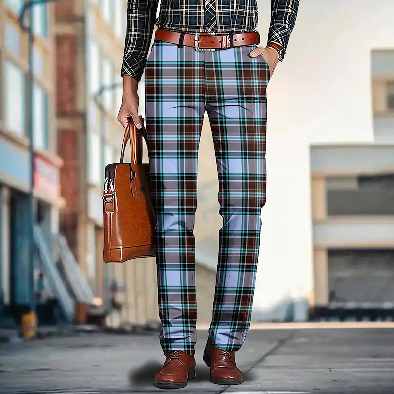 Men's Geometric Color Block Plaid / Check Dress Pants Mid Waist Casual Outdoor Home Dailywear Zipper Pocket Summer Spring Fall 3D Print Yellow Red Blue3