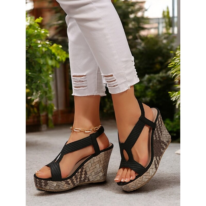 Women's Black T-Strap Wedge Sandals with Textured Pattern and Open-Toe Design, Stylish Summer Shoes for Casual and Beach Wear2