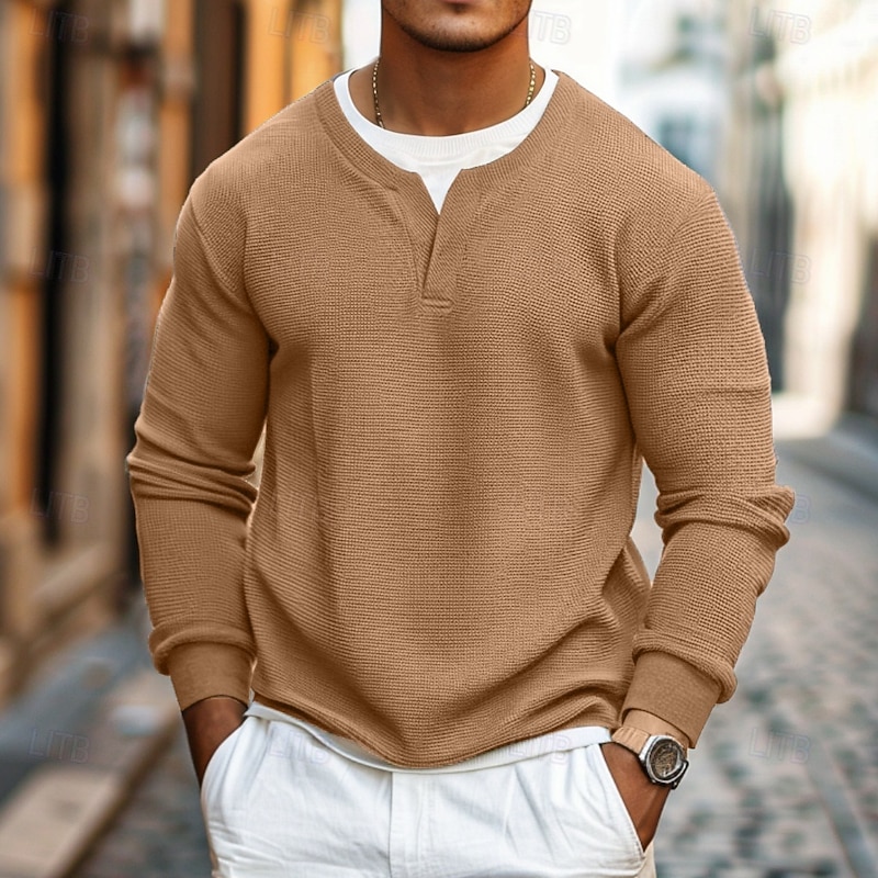 Men's Waffle T-shirt Pullover Sweatshirt Tee Top Long Sleeve Shirt Long Sleeve Crew Neck V Neck Spring &  Fall Plain Fashion Designer Basic Fashion Fake two piece Vacation Street Going out Black Gray