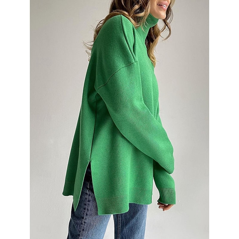 Women's Sweater Casual Soft Pure Color Ribbed Turtleneck Split Knitted Long Sleeve Regular Tops Knit Outdoor Daily Weekend Royal Blue Green Fall Winter2