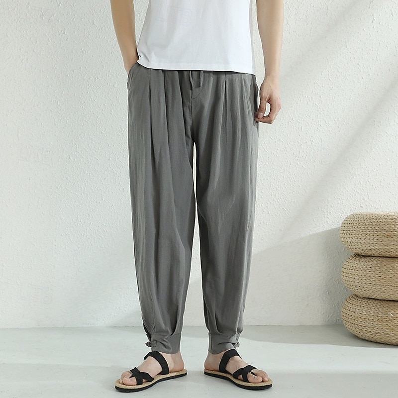 Men's Linen Pants Trousers Summer Pants Harem Pants Drawstring Elastic Waist Side Button Plain Comfort Breathable Full Length Home Casual Daily Fashion Classic Style Black Navy Blue3