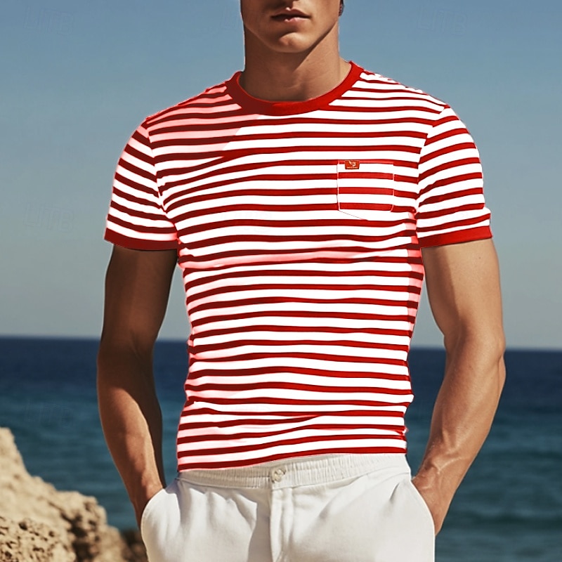 Men's T Shirt Tee Top Short Sleeves Crew Neck Summer Striped Fashion Designer Basic Front Pocket Vacation Street Going out Black Red Light Gray Top Tee for Men