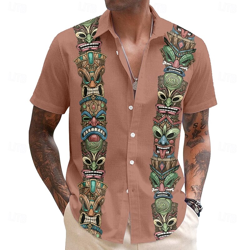 Men's Mask Bandana Print Tiki Casual Shirt Button Up Shirt Aloha Shirt Short Sleeve Tribal Holiday Summer Spring Turndown Button Up Black Pink Blue Green3