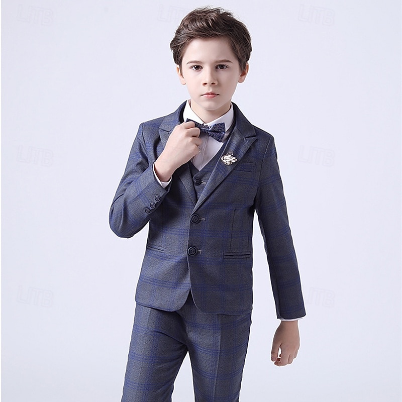 4 Pieces Ring Bearer Suit Boys Kids Suit Formal Suit Blazer & Vest & Pants & Tie Formal Set Formal Party Fashion Cool Plaid Pocket Blue Cotton2