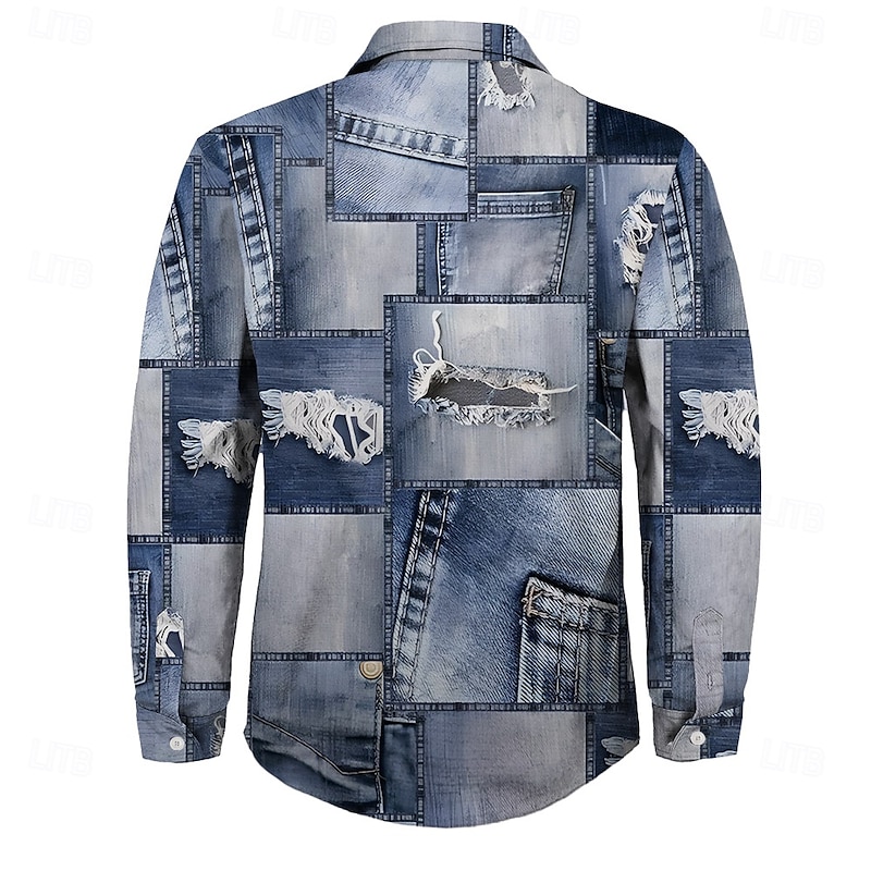 Men's Geometric Patchwork Casual Shirt Button Up Shirt Long Sleeve Abstract Fashion Casual Causal Casual Fall Winter Turndown 2 Pockets Dark Blue2