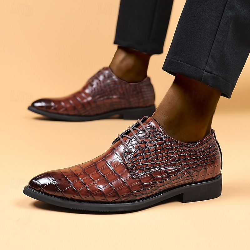 Men's Brown Crocodile Pattern Faux Leather Dress Shoes – Lace-Up Formal Footwear with Textured Design for Business and Weddings2