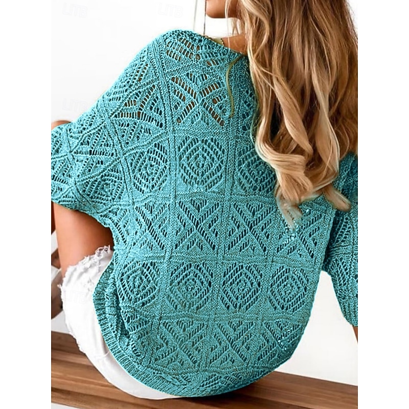 Women's Sweater Casual Soft Pure Color Ribbed V Neck Knitted Hole 3/4 Length Sleeve Regular Tops Knit Outdoor Daily Weekend Green Light Blue Summer Spring2