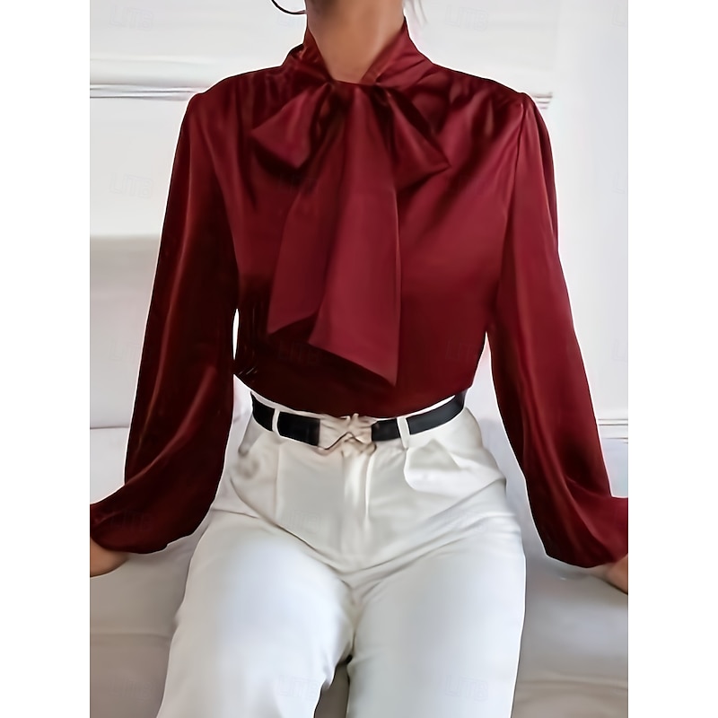 Women's Shirt Elegant Dressy Satin Solid Color Business Modern Casual Long Sleeve Shirt Collar Regular Tops Work Formal Wear Bow Wine Navy Blue Summer Spring