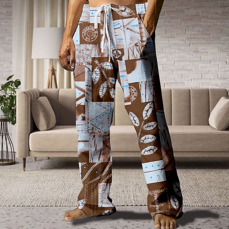 Men's Tie Dye Hawaiian Tropical Pants Trousers Casual Pants Mid Waist Drawstring Elastic Waist Vintage Retro Outdoor Vacation Holiday Straight Leg Trousers Summer Spring 3D Print Navy Blue Brown2
