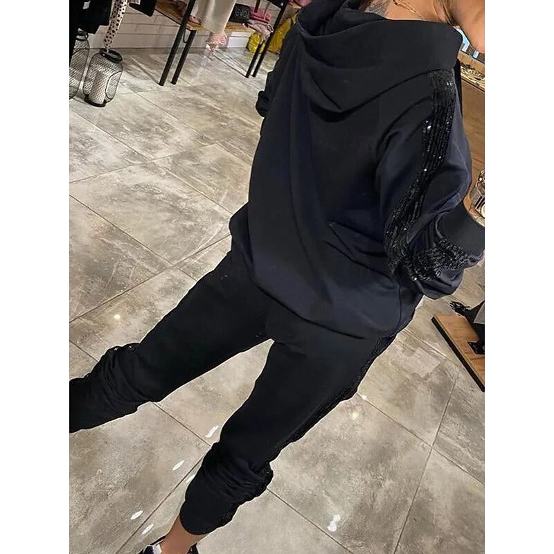 Women's Fashion Hoodies & Sweatshirts Chinos Long Sleeve Hooded Solid Color Sequins Work Daily Wear Black Royal Blue Gray Spring &  Fall Regular Fit2