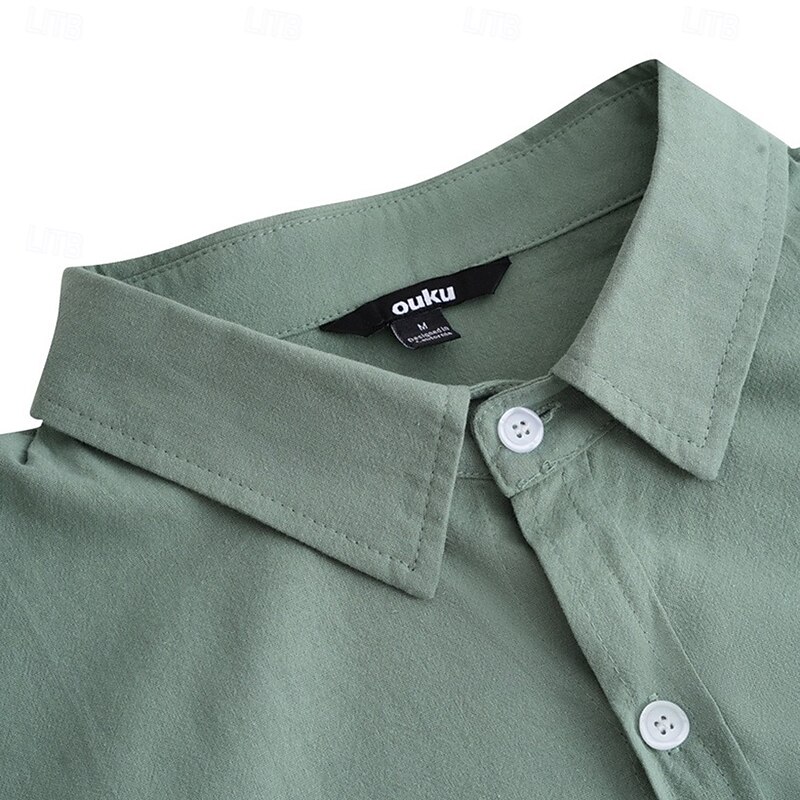 Men's Shirt Linen Shirt Summer Shirt Button Up Shirt Solid Color Business White Green Khaki Light Blue Long Sleeve Fold-over Collar Clothing Apparel Pocket2